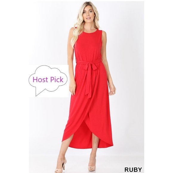 Ruby Red Tulip Dress Belted Sleeveless  - Hi-Low Summer dress - Picture 1 of 4